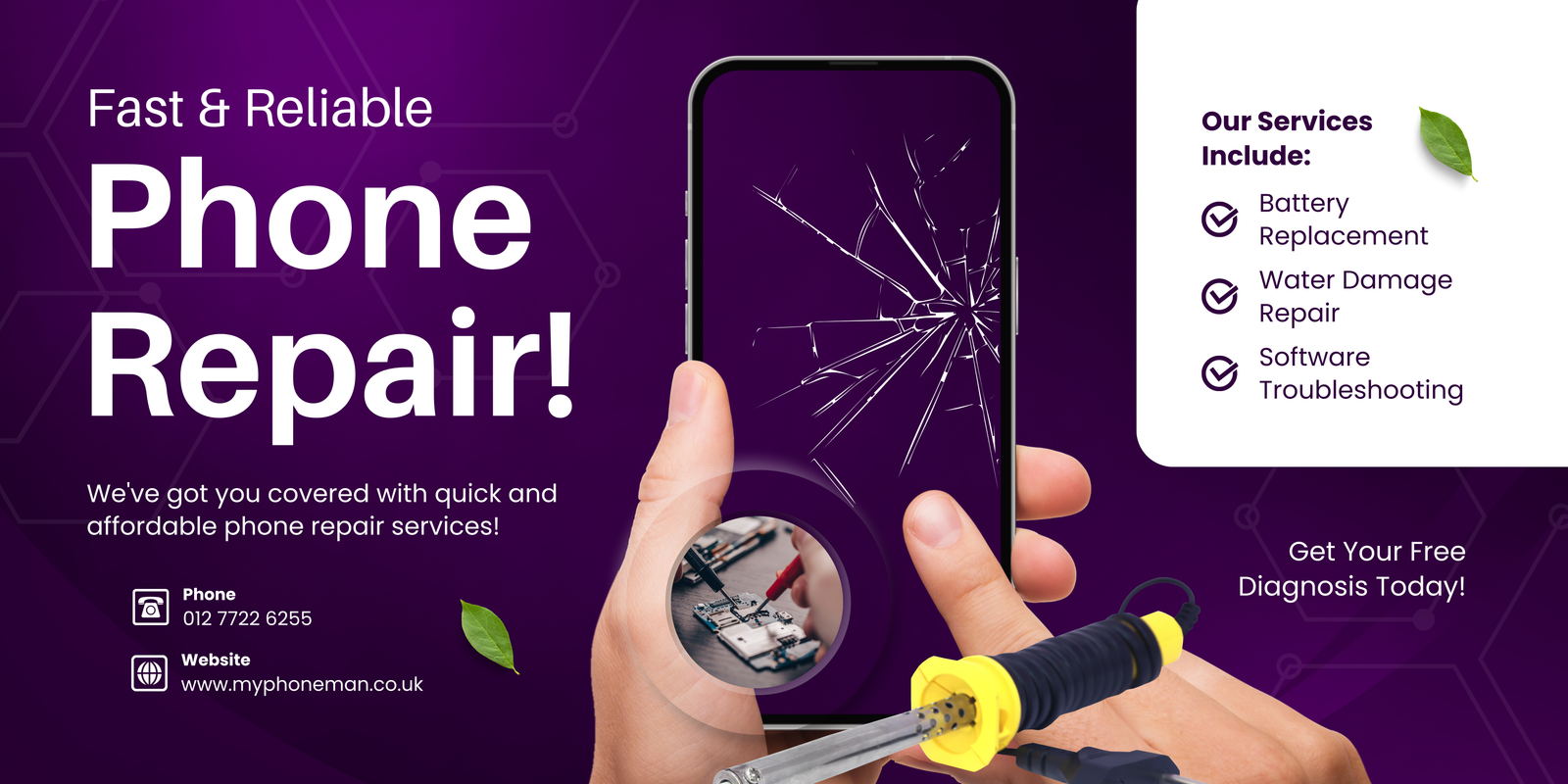 Purple and White Modern Phone Repair Banner Landscape